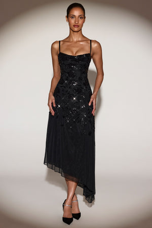 Embellished Asymmetric Midaxi Dress in Black