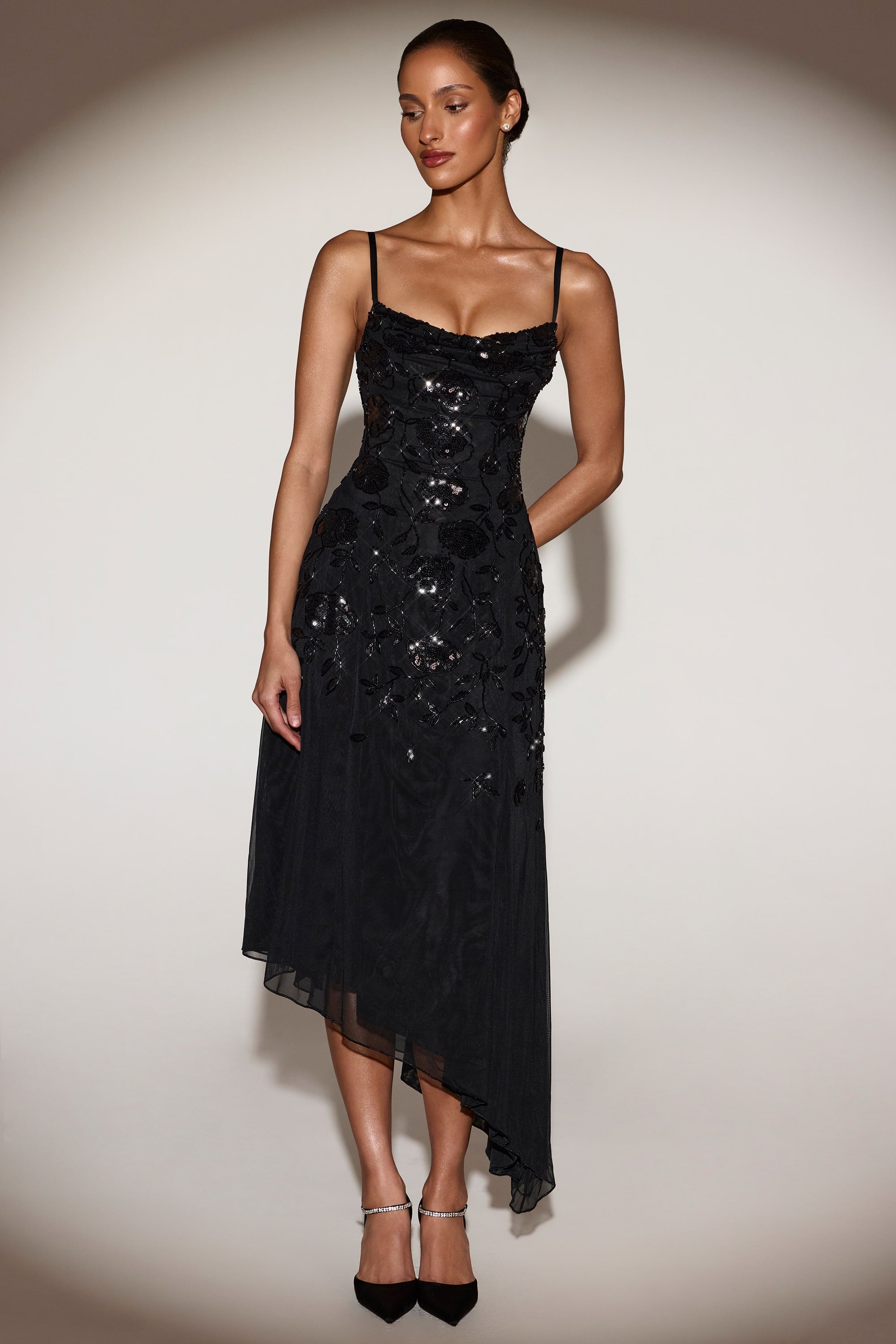 Zelina Embellished Asymmetric Midi Dress in Black | Oh Polly – Oh