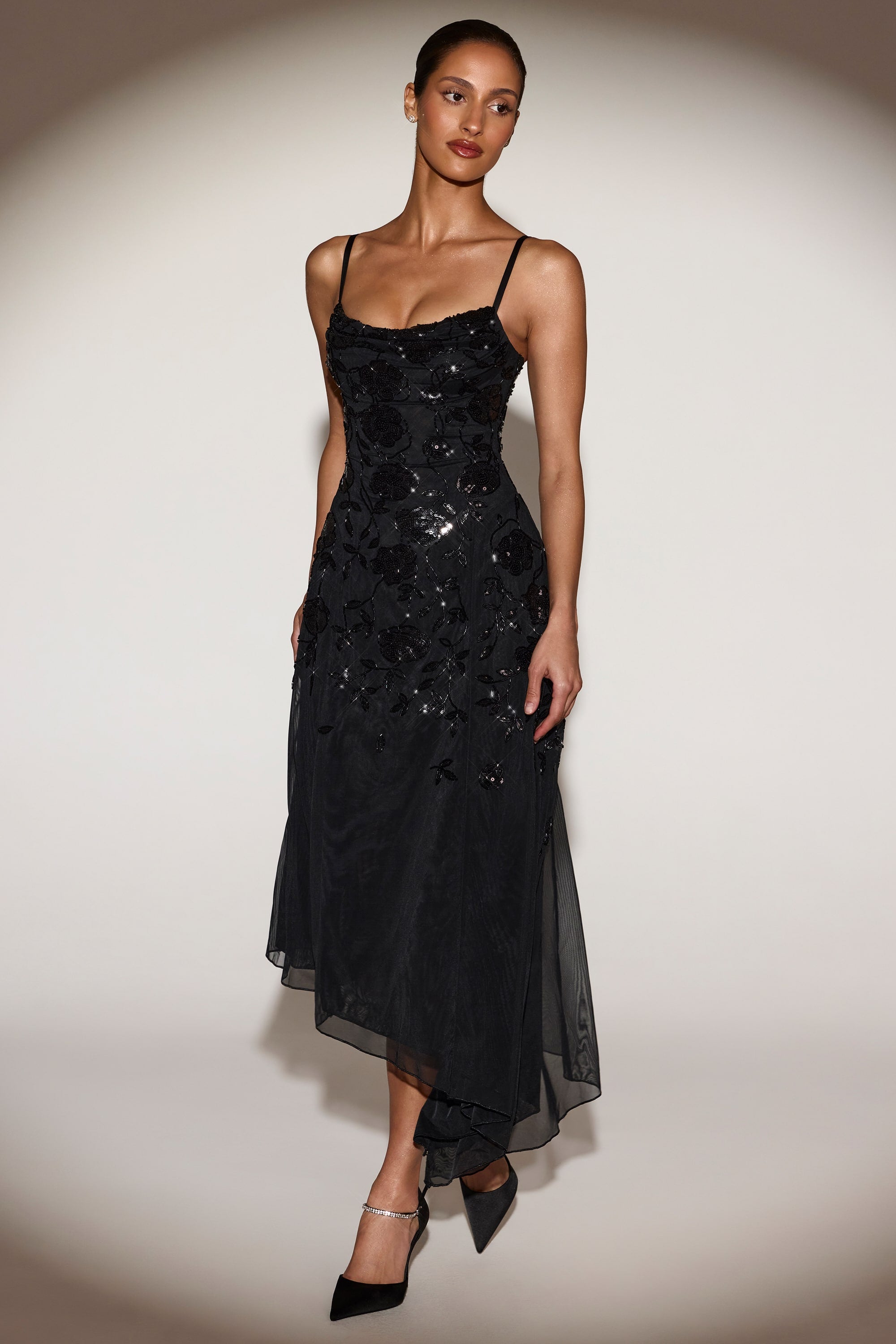 Zelina Embellished Asymmetric Midi Dress in Black | Oh Polly – Oh