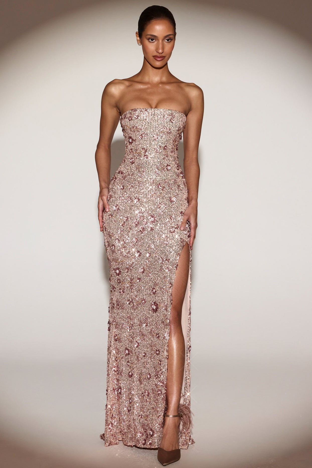 Embellished Bandeau-Neck Strapless Gown in Rose Gold - 11