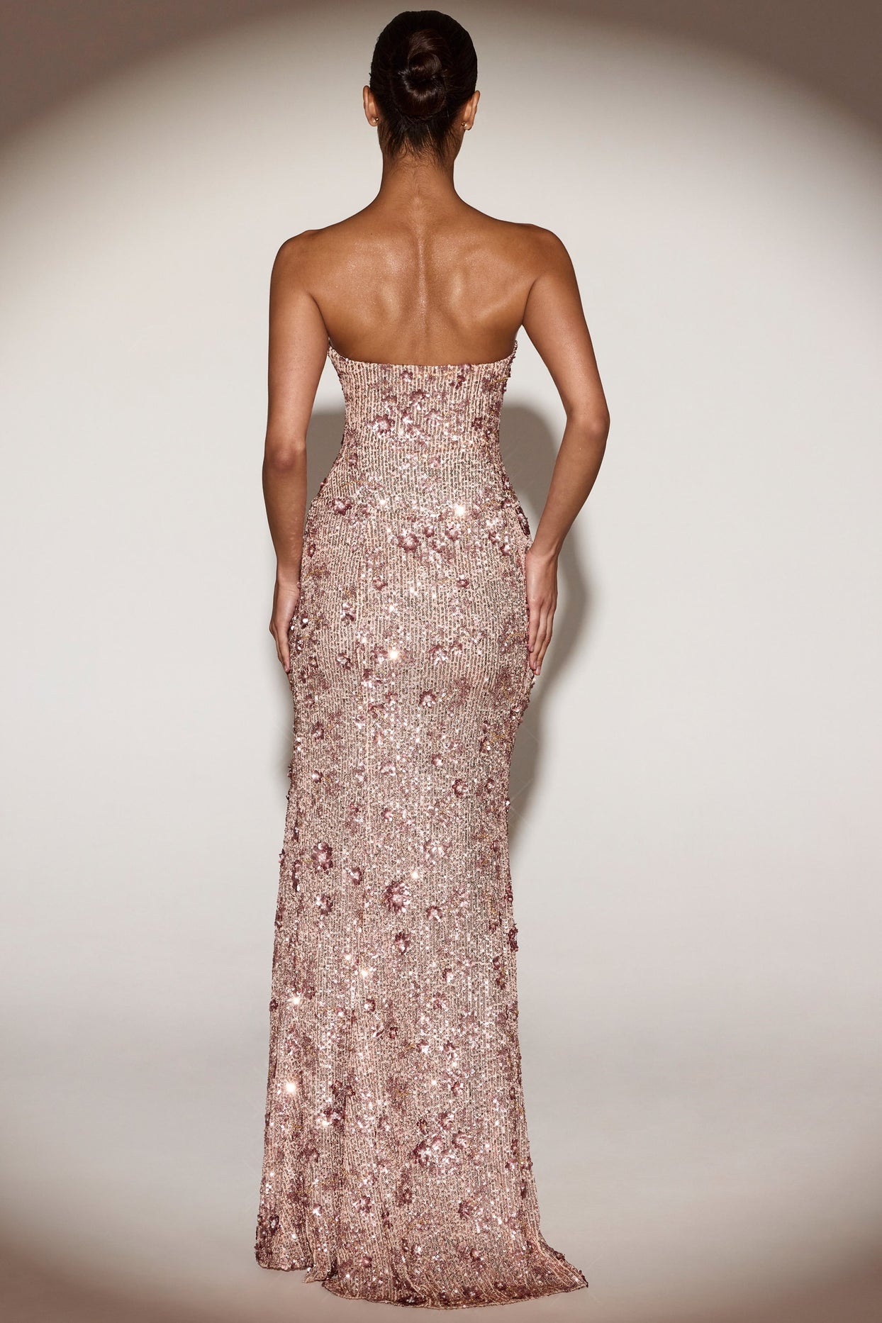 Embellished Bandeau-Neck Strapless Gown in Rose Gold - 4