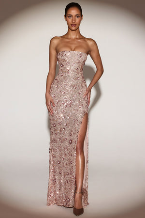 Embellished Strapless Gown in Rose Gold