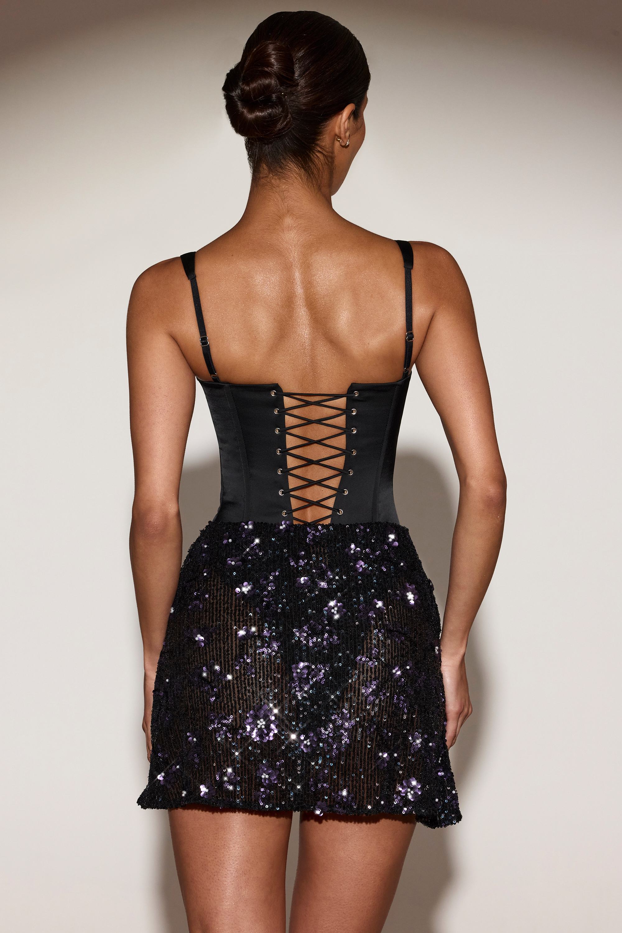 Satin Corset Embellished Skirt Mini Dress in Black Purple - 4