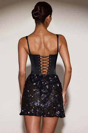 Embellished Draped Skirt Mini Dress in Black Purple