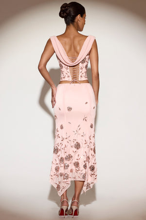 Embellished Hanky Hem Midaxi Skirt in Pink