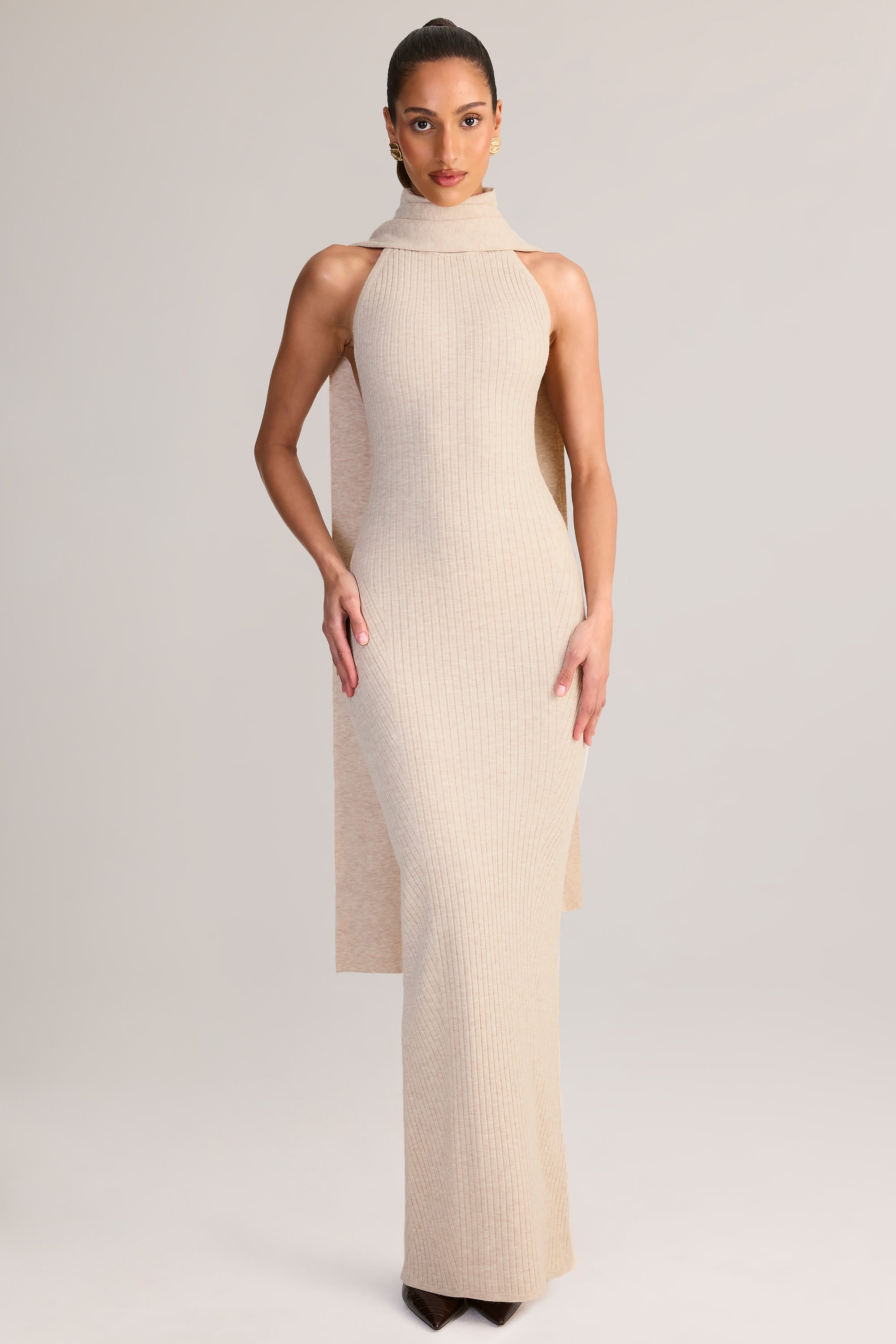 Rib-Knit Scarf-Detail Halterneck Maxi Dress in Cream - M