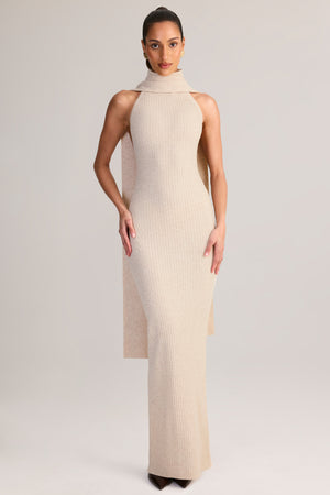 Rib-Knit Scarf-Detail Halterneck Maxi Dress in Cream - M | Oh Polly Rib-Knit Scarf-Detail Halterneck Maxi Dress in Cream - M | Oh Polly