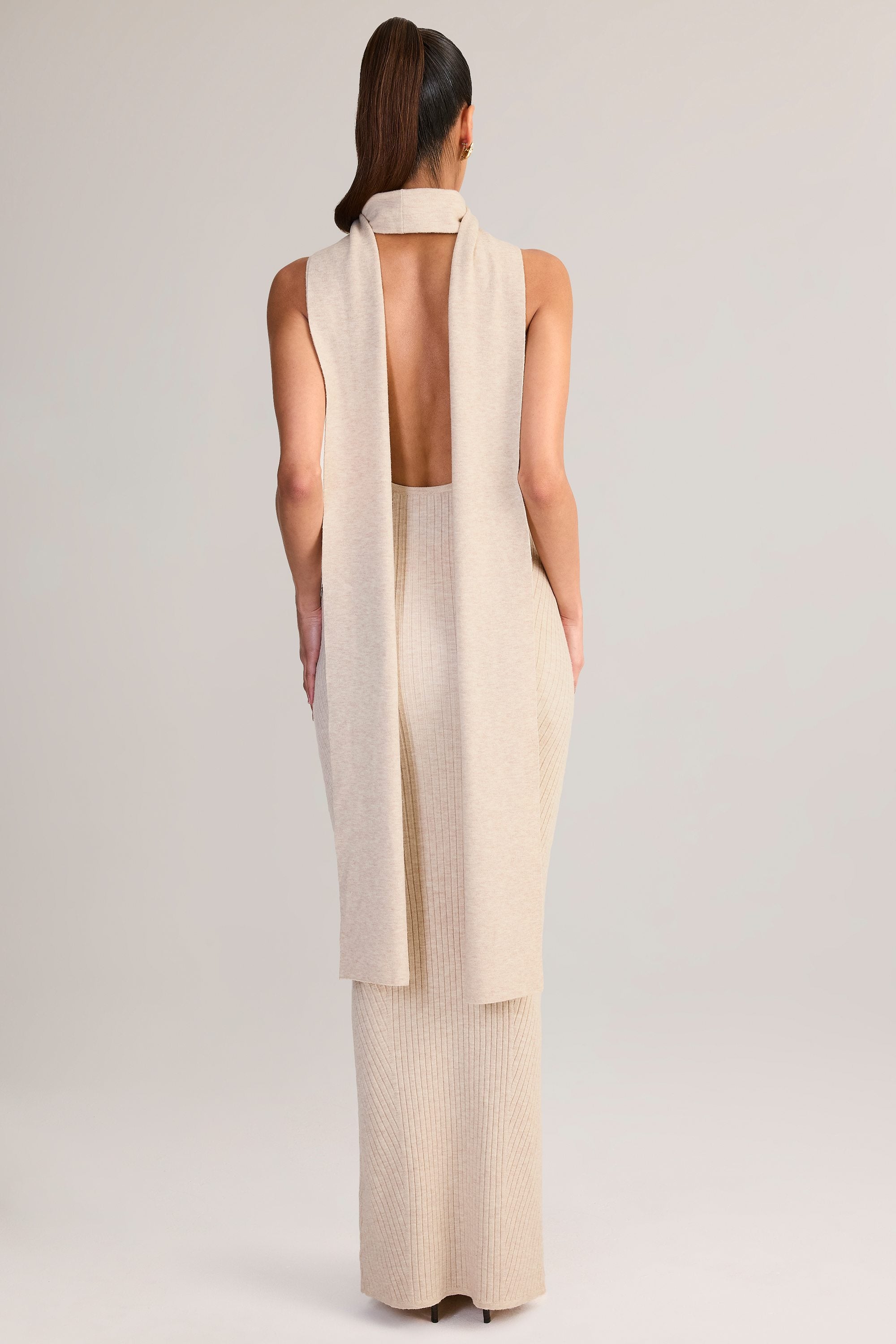 Dree Scarf-Detail Turtleneck Backless Maxi Dress in Cream | Oh