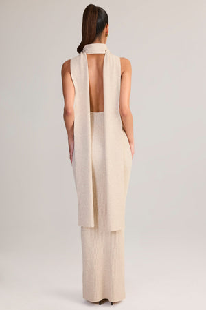 Rib-Knit Scarf-Detail Halterneck Maxi Dress in Cream - M | Oh Polly Rib-Knit Scarf-Detail Halterneck Maxi Dress in Cream - M | Oh Polly