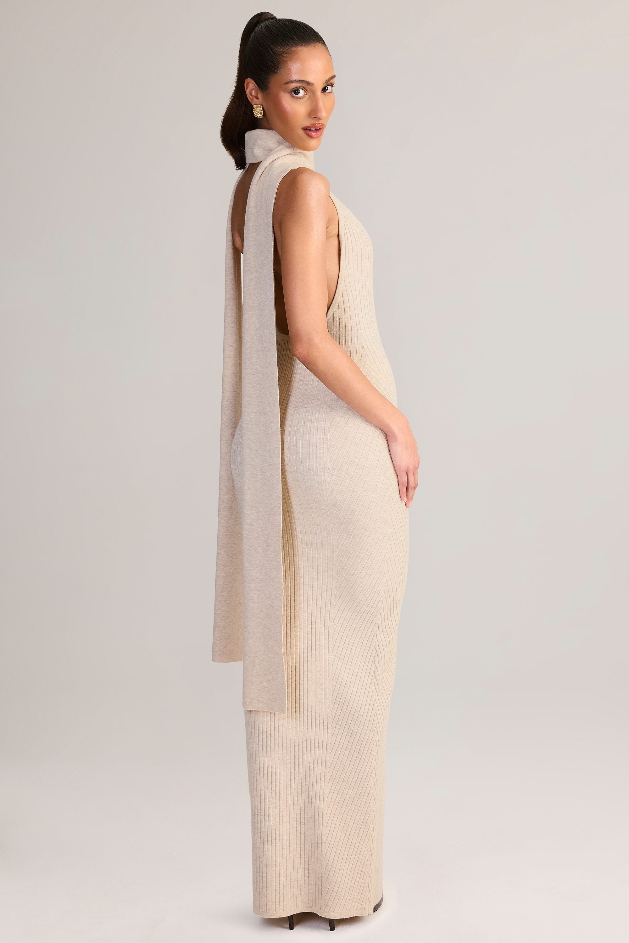 Dree Scarf-Detail Turtleneck Backless Maxi Dress in Cream | Oh