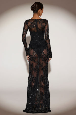 Embellished Corset Bodysuit Gown Dress in Black