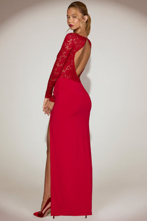Carmina Lace Plunge-Neck Maxi Dress in True Red | Oh Polly Carmina Lace Plunge-Neck Maxi Dress in True Red | Oh Polly