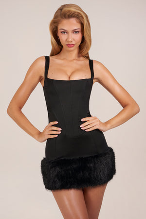 Satin Square-Neck Corset Faux-Fur Mini Dress in Black - 8 | Oh Polly Satin Square-Neck Corset Faux-Fur Mini Dress in Black - 8 | Oh Polly