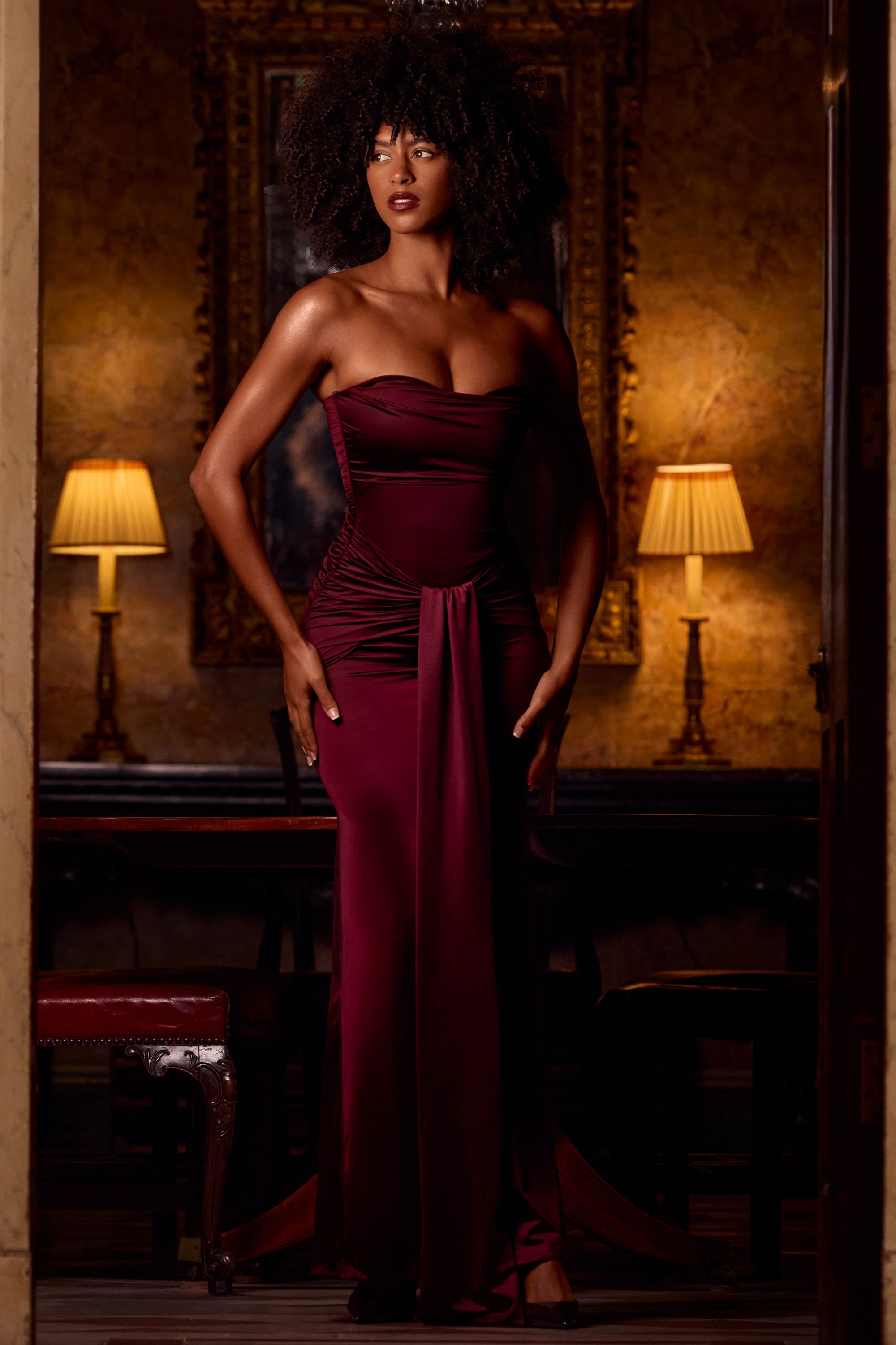 Aisra Draped Bandeau Peekaboo Gown in Wine Red