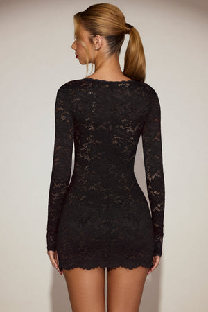 black lace long sleeve dress Oh Polly lace square neck long sleeve Mini Dress in Black