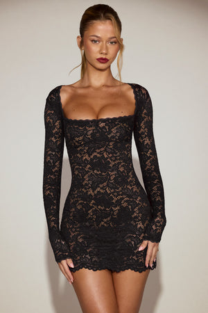 Lace Long-Sleeve Mini Dress in Black
