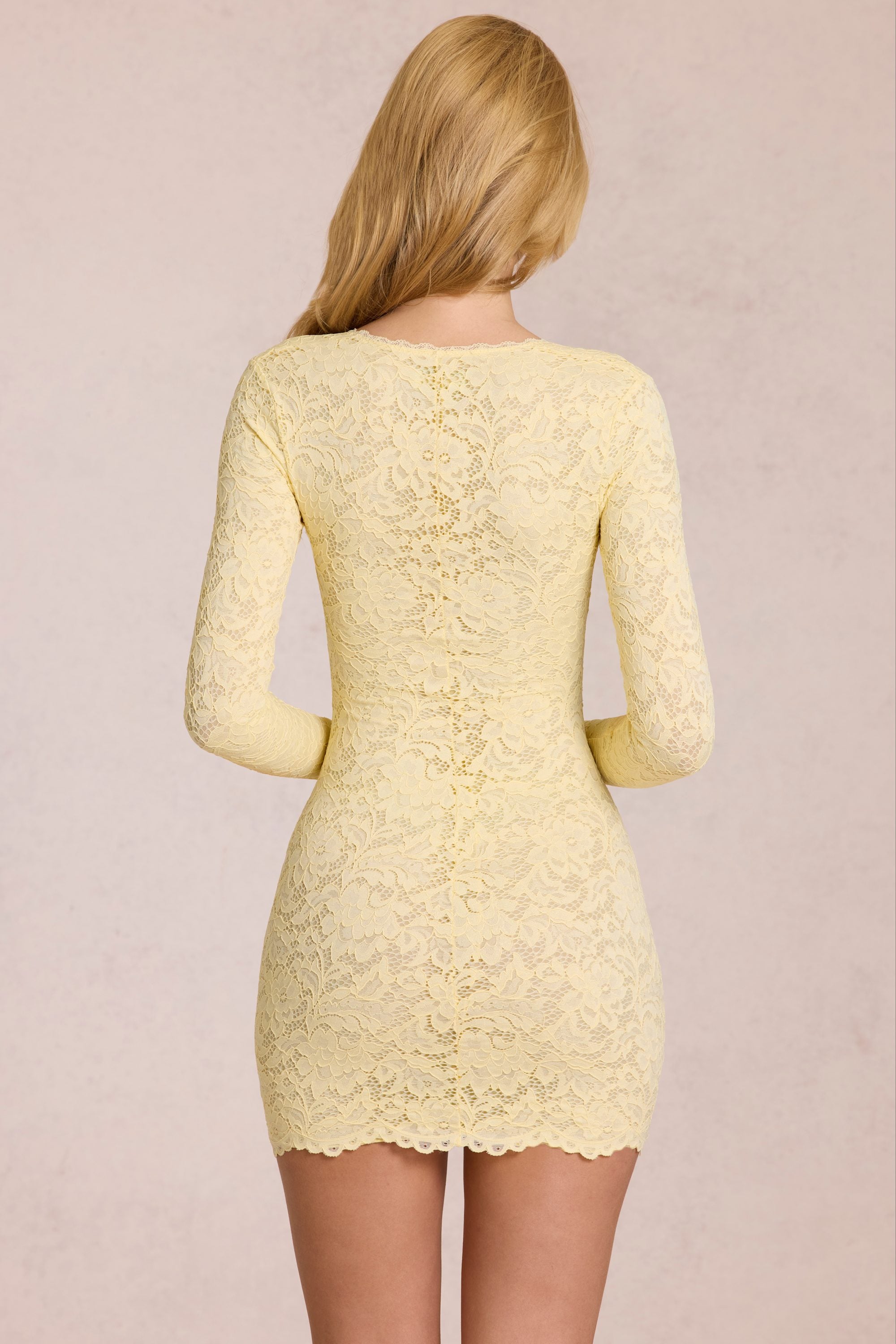 Darla Sheer Scalloped-Lace Long-Sleeve Mini Dress in Lemon Yellow