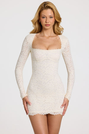 scalloped white mini dress Scalloped-Lace Long-Sleeve Mini Dress in White - XXS