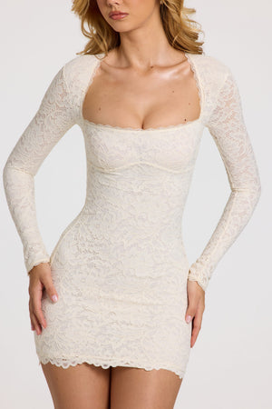 lace long sleeve white mini dress Scalloped-Lace Long-Sleeve Mini Dress in White - XXS