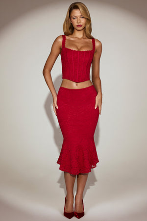 Lace Mid-Rise Midi Skirt in True Red