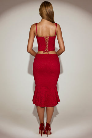 Lace Mid-Rise Midi Skirt in True Red