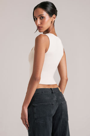 Oh Polly model Yasmin wearing the Vivee Tops in Ivory Modal fabric perfect for daytime strolls