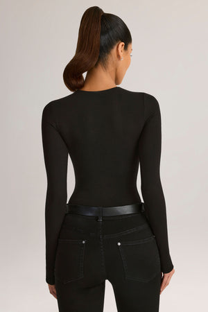 Modal Round-Neck Long-Sleeve Bodysuit in Black