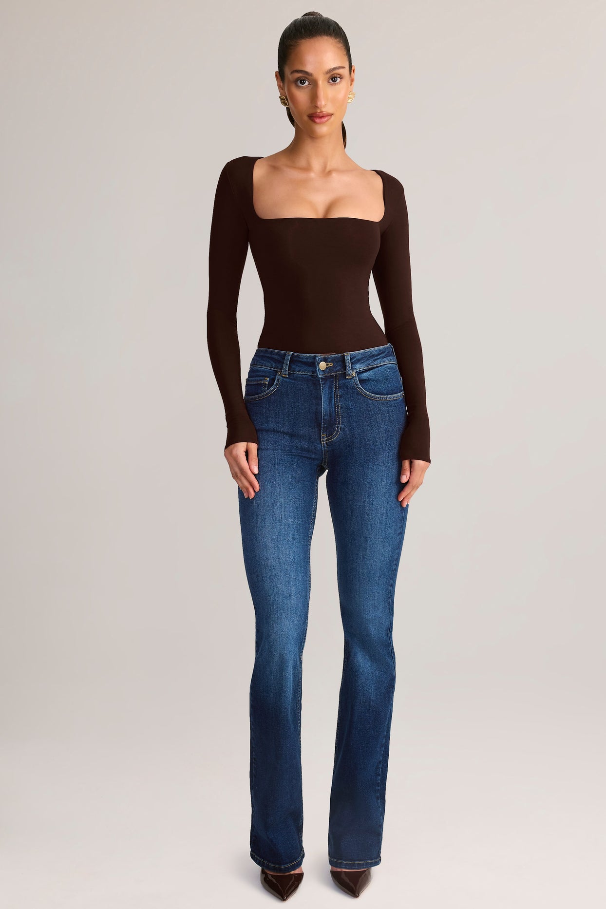 Modal Square-Neck Long-Sleeve Top in Chocolate Brown - 6