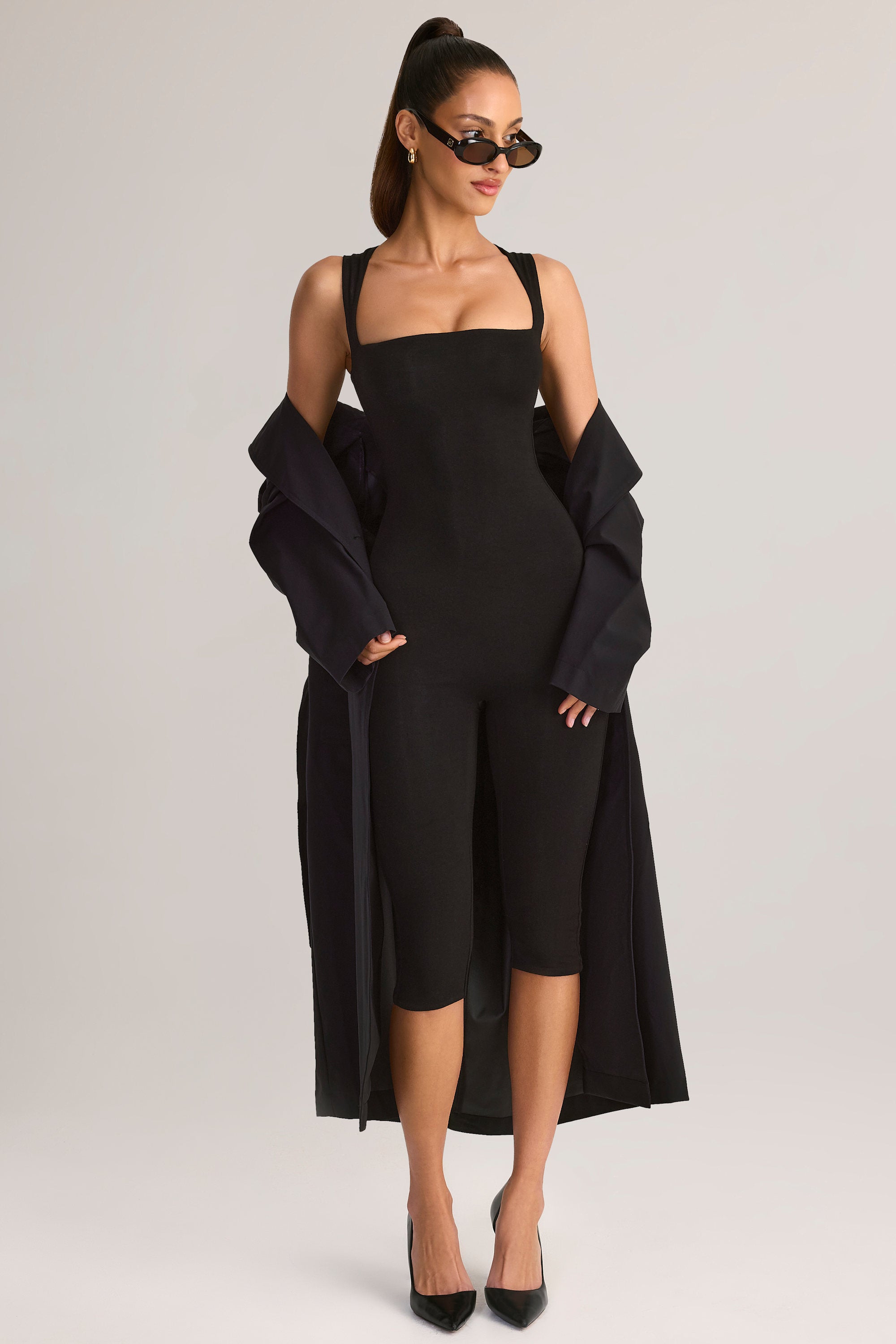 Modal Square-Neck Bodycon Capri Jumpsuit in Black - XS