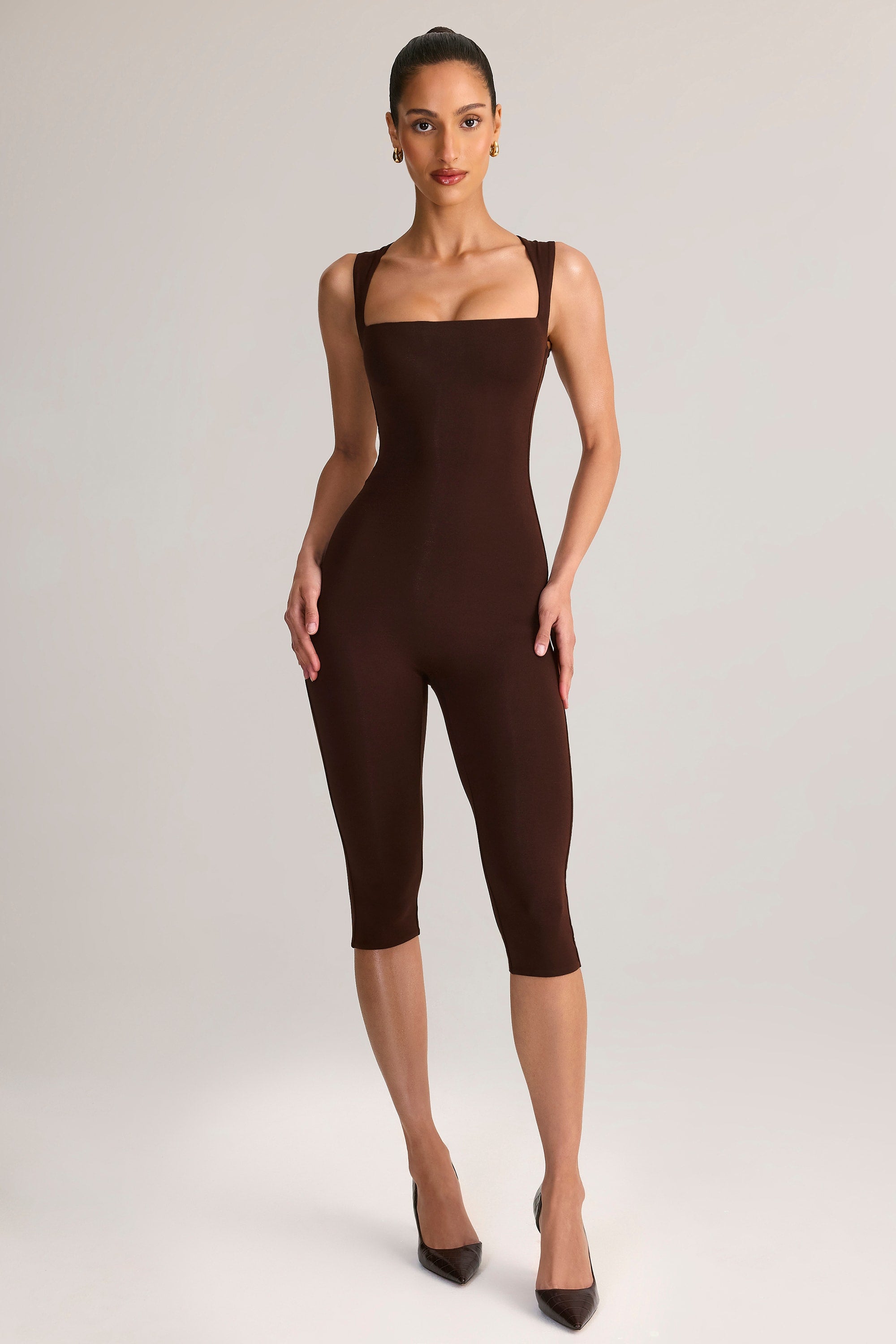 Luma Modal Scoop-Neck Capri Jumpsuit in Chocolate Brown | Oh Polly