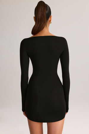 Modal Boat-Neck Draped Long-Sleeve Mini Dress in Black - XS | Oh Polly Modal Boat-Neck Draped Long-Sleeve Mini Dress in Black - XS | Oh Polly