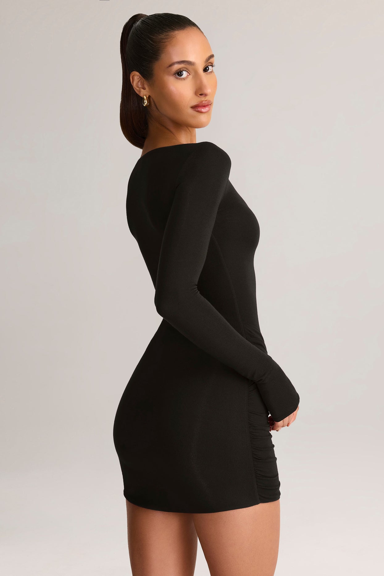 Modal Boat-Neck Draped Long-Sleeve Mini Dress in Black - 8