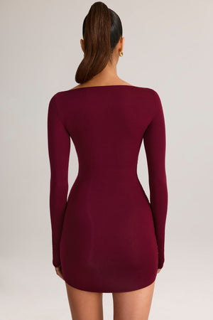 Modal Boat-Neck Draped Long-Sleeve Mini Dress in Wine - S Modal Boat-Neck Draped Long-Sleeve Mini Dress in Wine - S