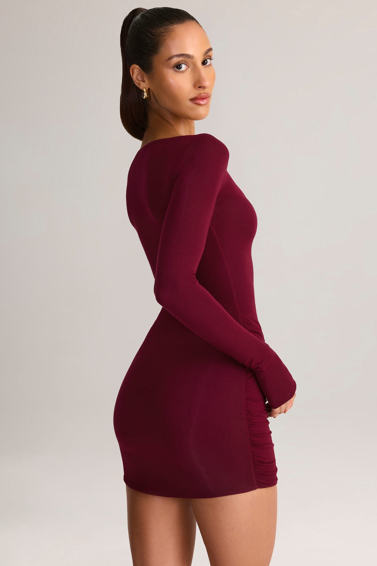 Modal Boat-Neck Draped Long-Sleeve Mini Dress in Wine - 7