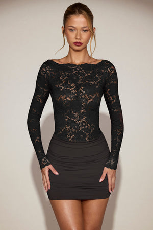 Lace Boat-Neck Mini Dress in Black
