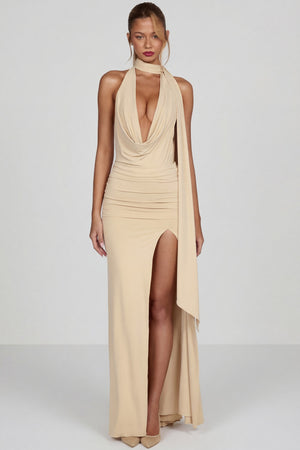 Navina Scarf-Detail Halterneck Gown in Champagne | Oh Polly Navina Scarf-Detail Halterneck Gown in Champagne | Oh Polly