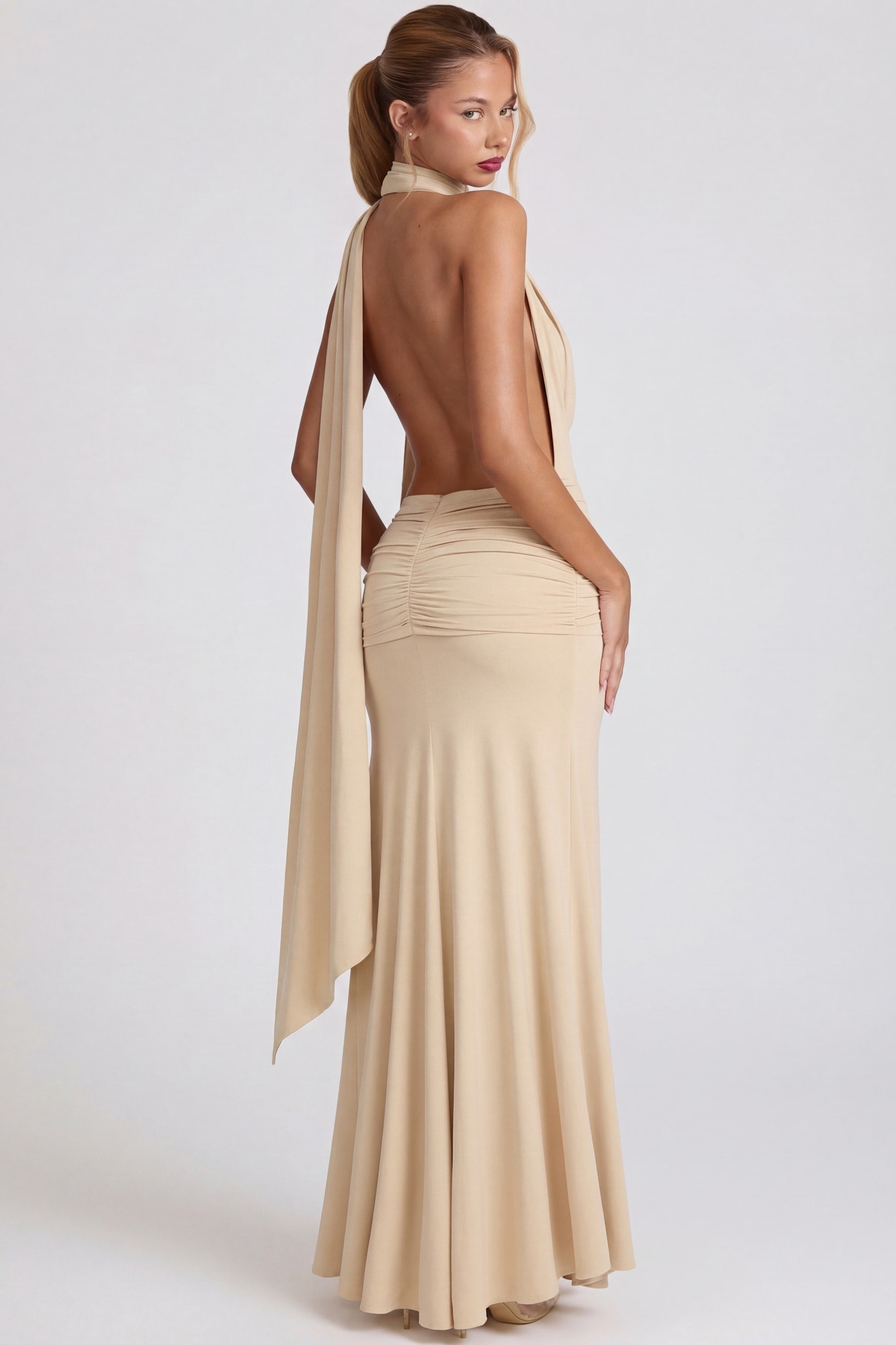 Soft-Jersey Plunge Halterneck Maxi Dress in Champagne
