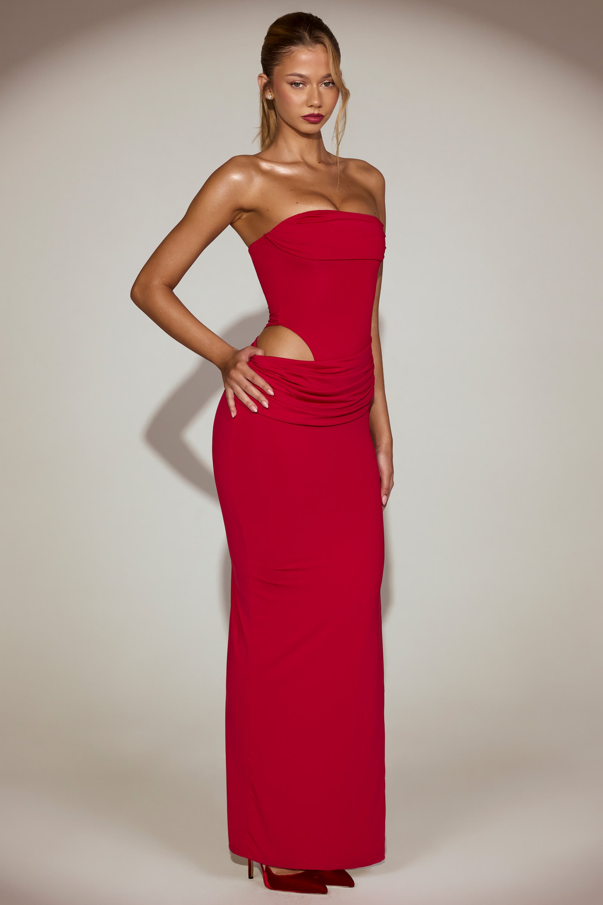 Soft-Jersey Bandeau Cut-Out Maxi Dress in True Red - L