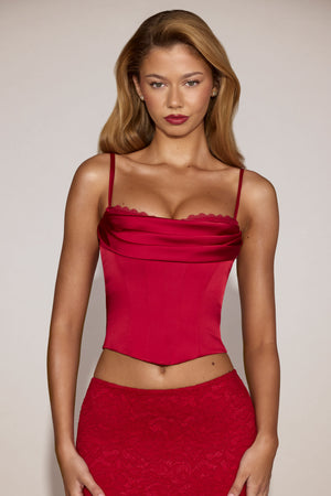 Cowl-Neck Lace-Up Corset Top in True Red