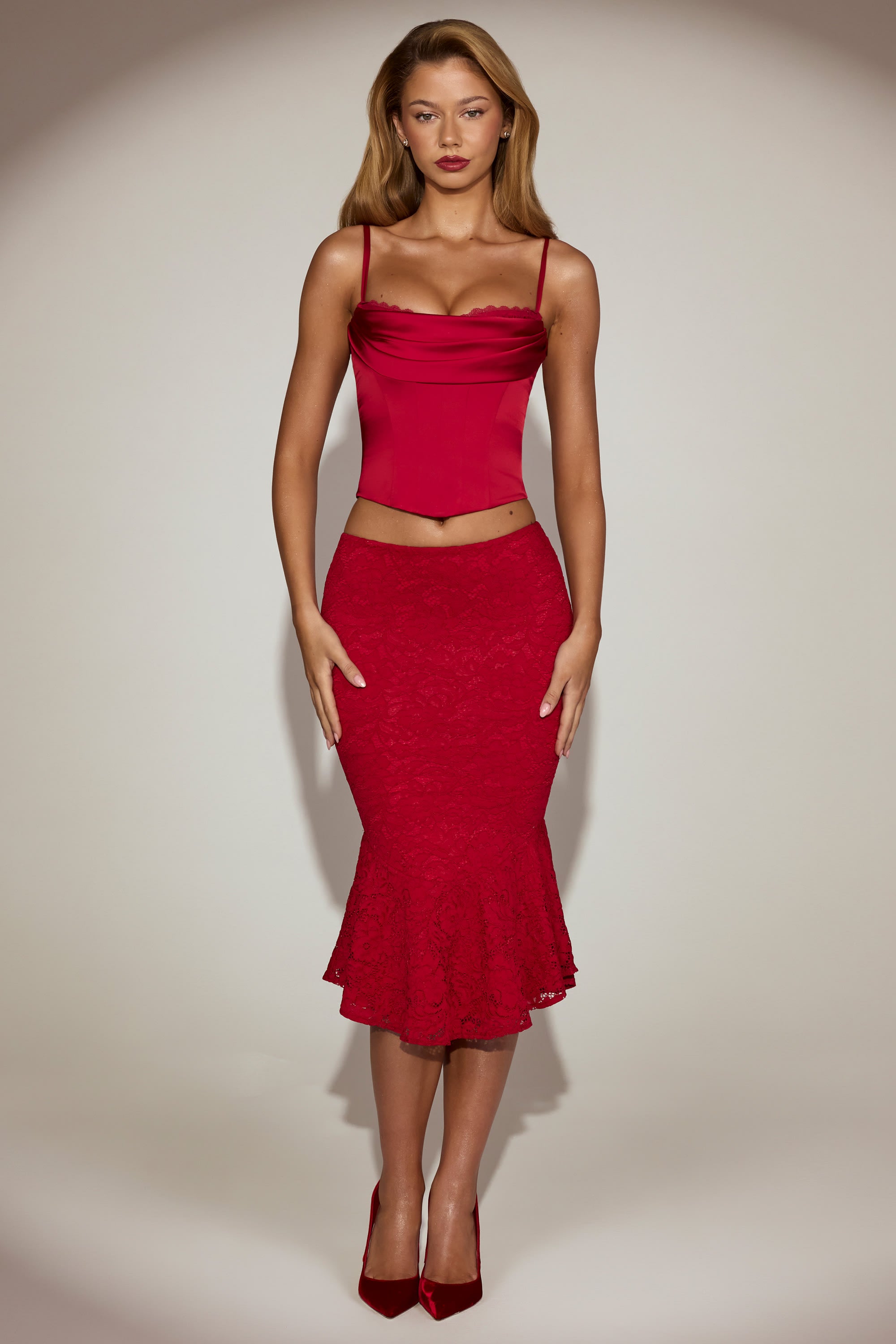 Eirwen Cowl-Neck Lace-Up Corset Top in True Red | Oh Polly – Oh