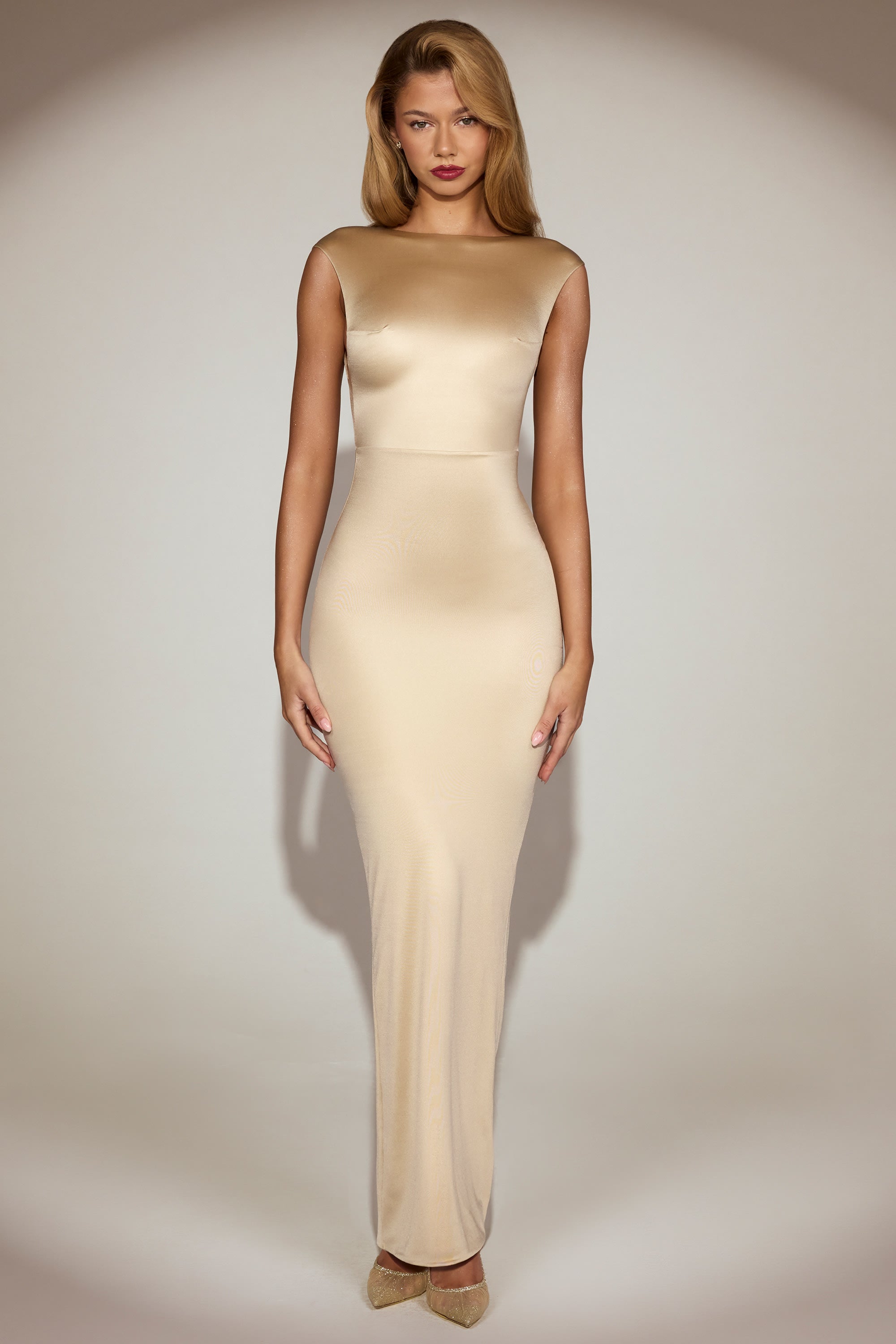 Hivera Twist-Back Boat-Neck Maxi Dress in Champagne