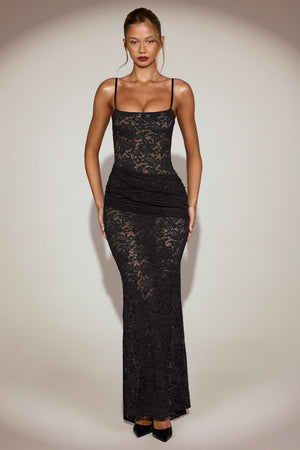 Sheer Lace Square-Neck Ruched Gown in Black - M | Oh Polly Sheer Lace Square-Neck Ruched Gown in Black - M | Oh Polly