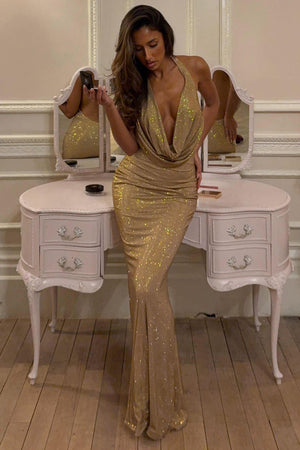 Embellished Cowl-Neck Gown in Gold