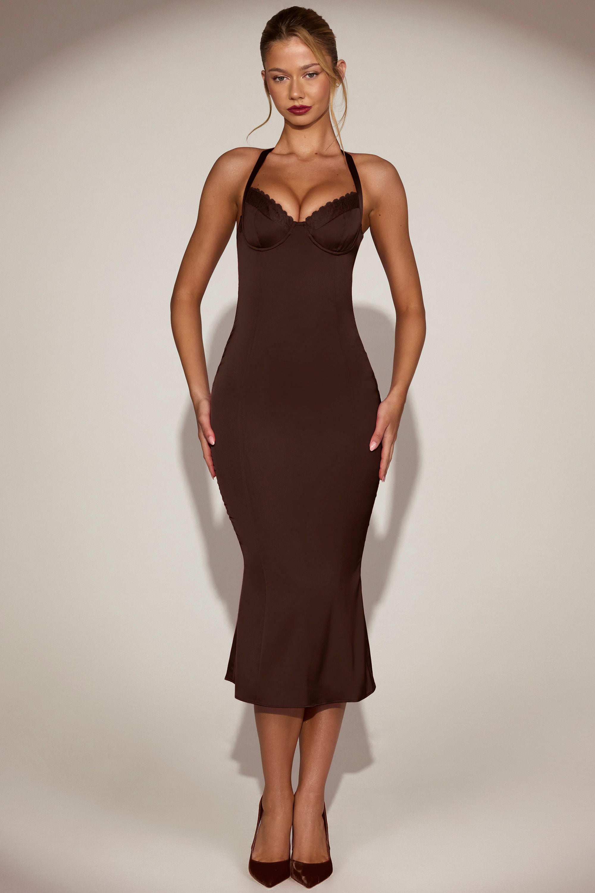 Elyra Lace-Trim Halterneck A-Line Midaxi Dress in Chocolate Brown