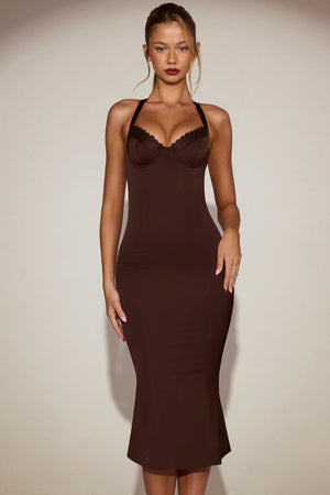 Satin Sweetheart Bustier Fishtail Midaxi Dress in Chocolate Brown - 10 / Regular | Oh Polly Satin Sweetheart Bustier Fishtail Midaxi Dress in Chocolate Brown - 10 / Regular | Oh Polly