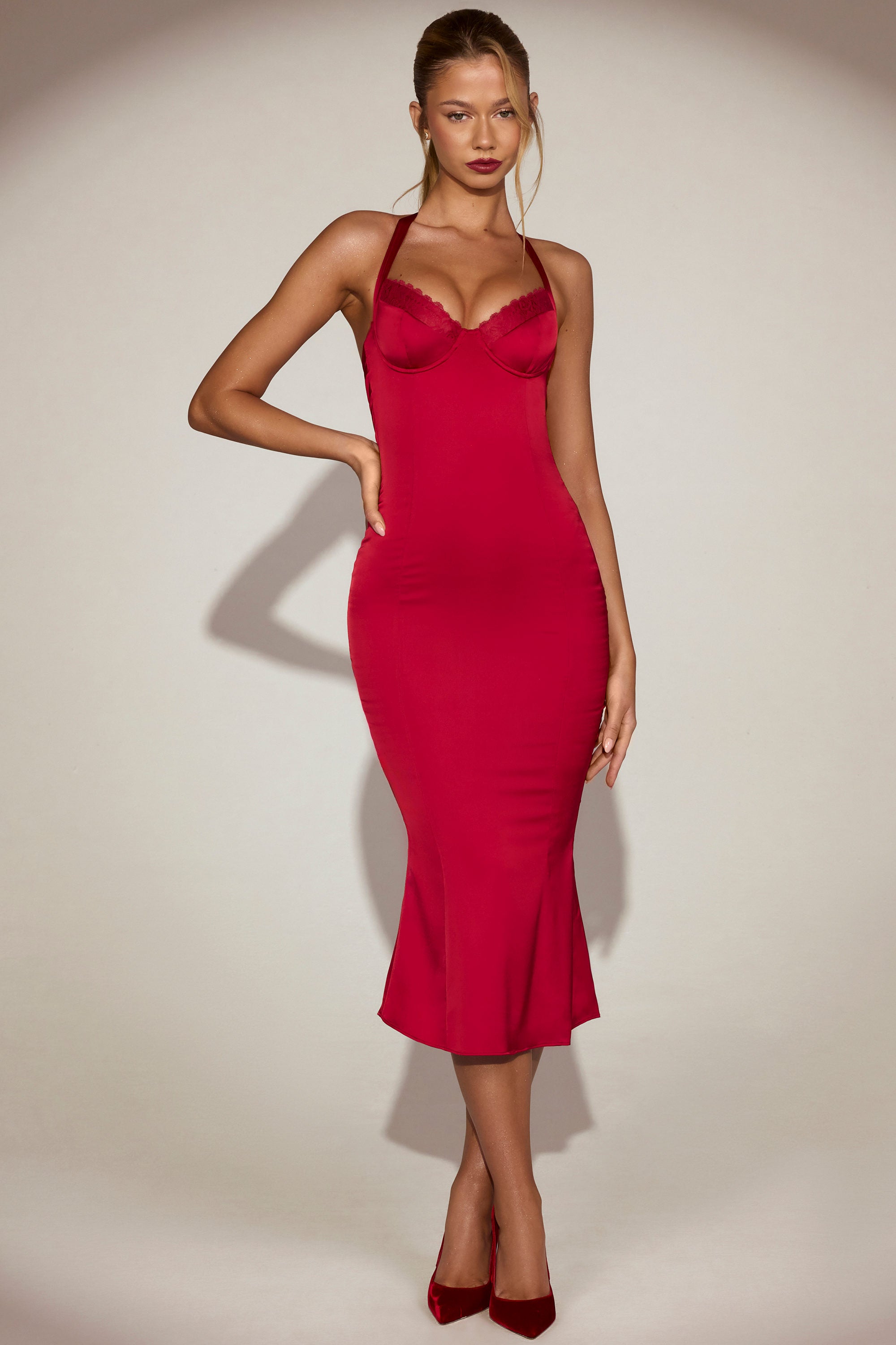 oh polly red dress Layered Bra-Detail Ruched Midaxi in - 4 / Regular a voluminous bubble hem skirt Satin Sweetheart Bustier Fishtail Midaxi
