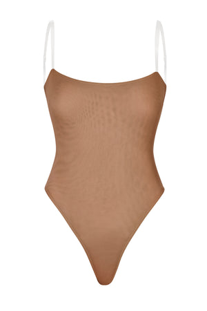 Soft Mesh Clear Strap Bodysuit in Honey