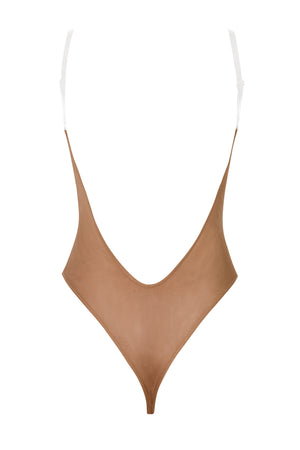 Soft Mesh Clear Strap Bodysuit in Honey