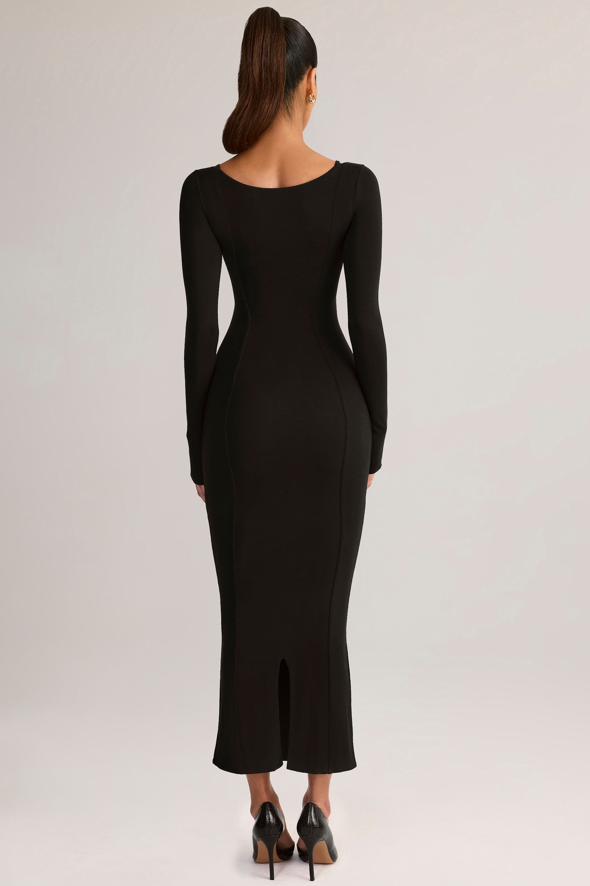 black midi dress with sleeves formal Sicily length skirt Modal Peekaboo Long-Sleeve Midi Dress