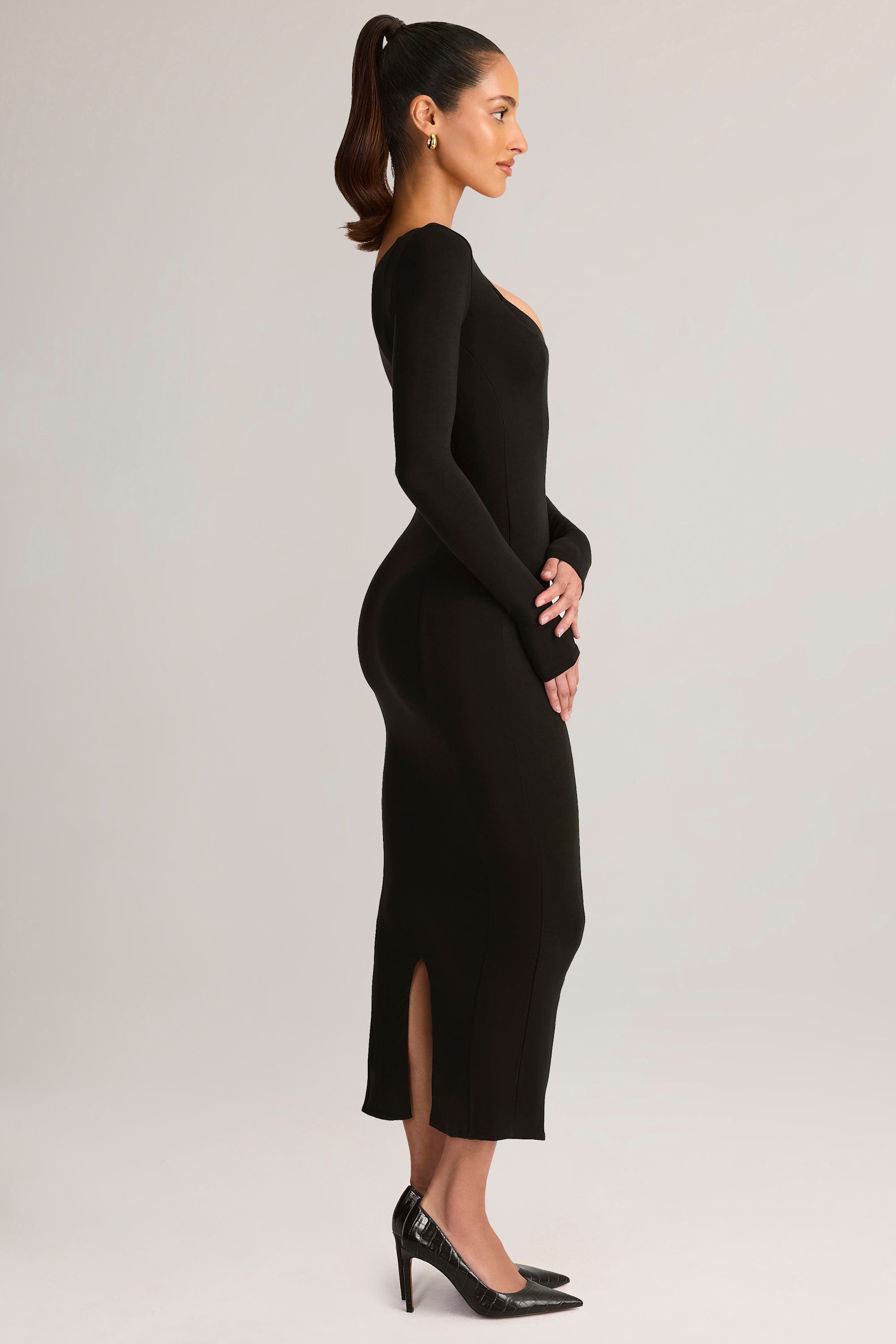 Modal Peekaboo Long-Sleeve Midi Dress in Black - S